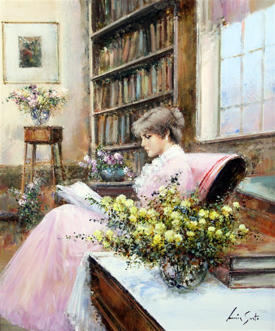 Lucia Sarto (b.1950) Interior with woman reading, 23 x 19.5in.